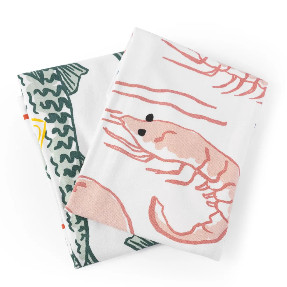 Discount Bistro Mackerel & Prawn Illustration Tea Towels (Set of 2) Tea Towels